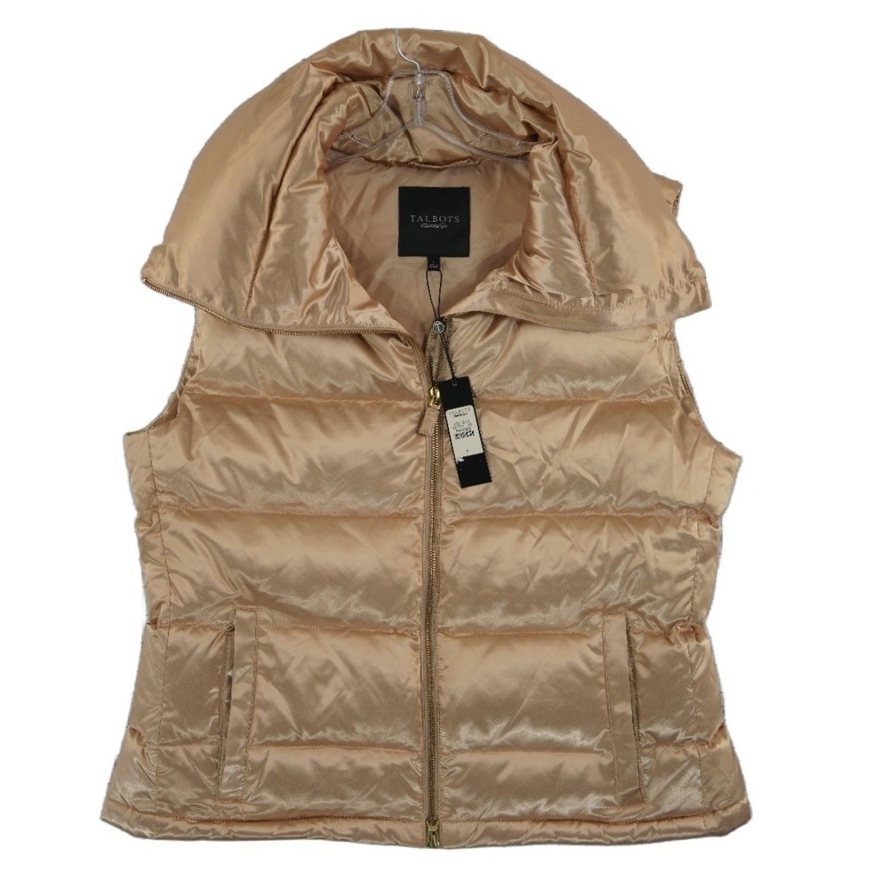 NWT Talbots Down Puffer Vest Women's Size Large Champagne Gold Funnel Neck - Picture 2 of 8